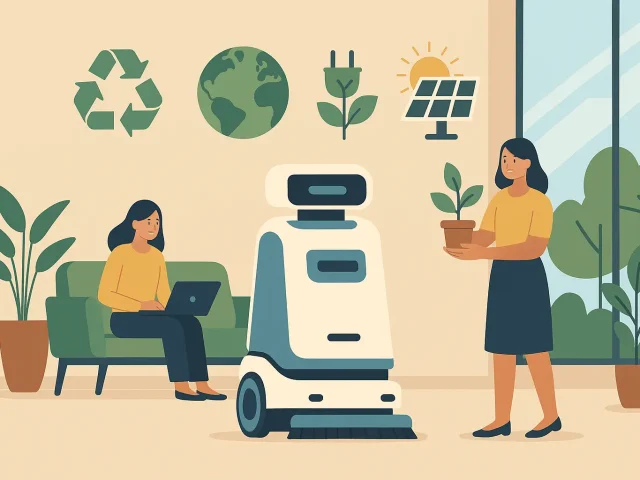 Eco-friendly commercial lobby with a cleaning service robot, sustainability icons, and professionals collaborating—showcasing cleaner, smarter, greener spaces