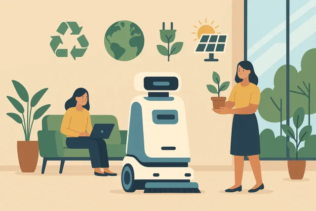 Eco-friendly commercial lobby with a cleaning service robot, sustainability icons, and professionals collaborating—showcasing cleaner, smarter, greener spaces