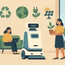 Eco-friendly commercial lobby with a cleaning service robot, sustainability icons, and professionals collaborating—showcasing cleaner, smarter, greener spaces