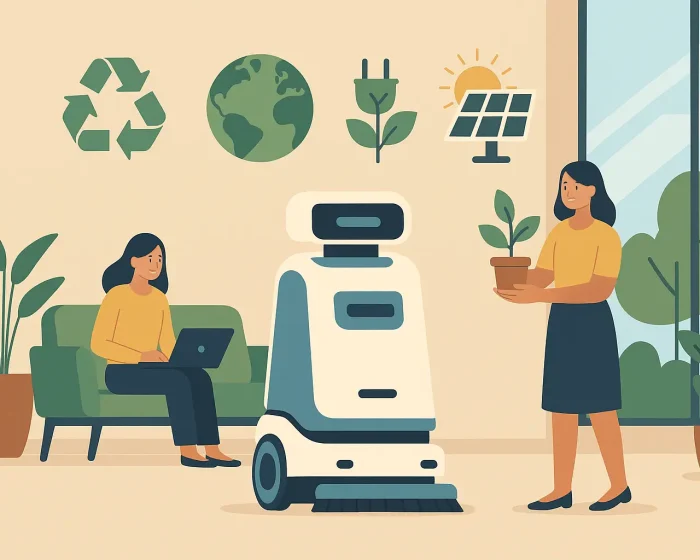 Eco-friendly commercial lobby with a cleaning service robot, sustainability icons, and professionals collaborating—showcasing cleaner, smarter, greener spaces