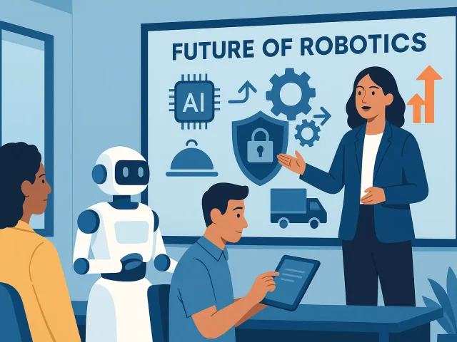 Female robotics leader presenting “Future of Robotics” while a service robot assists trainees—highlighting AI, security, and workforce upskilling