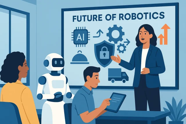 Female robotics leader presenting “Future of Robotics” while a service robot assists trainees—highlighting AI, security, and workforce upskilling