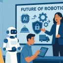 Female robotics leader presenting “Future of Robotics” while a service robot assists trainees—highlighting AI, security, and workforce upskilling