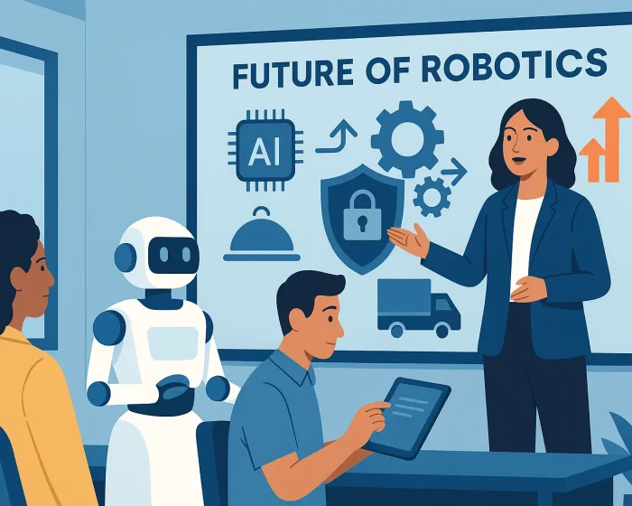 Female robotics leader presenting “Future of Robotics” while a service robot assists trainees—highlighting AI, security, and workforce upskilling