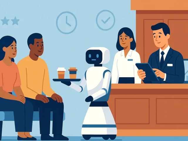 Service robot delivering coffee in a modern hotel lobby as staff assists guests—showcasing guest satisfaction and hospitality automation by ToDo Robotics