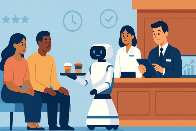 Service robot delivering coffee in a modern hotel lobby as staff assists guests—showcasing guest satisfaction and hospitality automation by ToDo Robotics