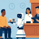 Service robot delivering coffee in a modern hotel lobby as staff assists guests—showcasing guest satisfaction and hospitality automation by ToDo Robotics