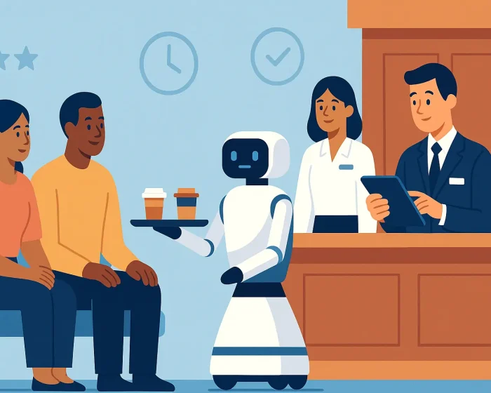 Service robot delivering coffee in a modern hotel lobby as staff assists guests—showcasing guest satisfaction and hospitality automation by ToDo Robotics