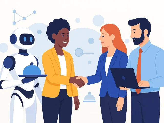 Diverse business leaders shaking hands beside a service robot, symbolizing innovation and inclusion in service robotics and leadership