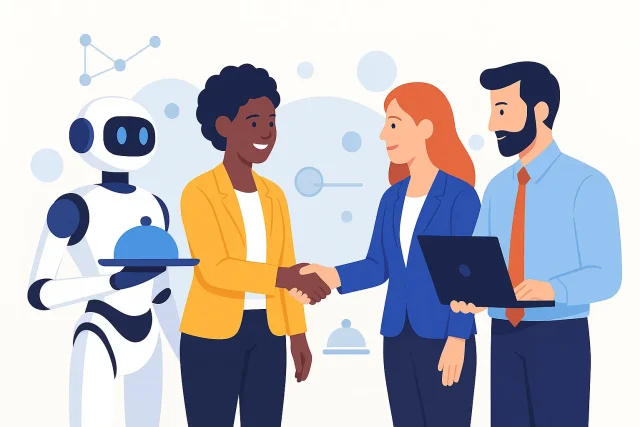 Diverse business leaders shaking hands beside a service robot, symbolizing innovation and inclusion in service robotics and leadership