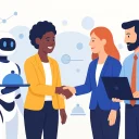 Diverse business leaders shaking hands beside a service robot, symbolizing innovation and inclusion in service robotics and leadership