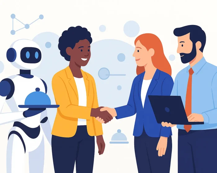 Diverse business leaders shaking hands beside a service robot, symbolizing innovation and inclusion in service robotics and leadership